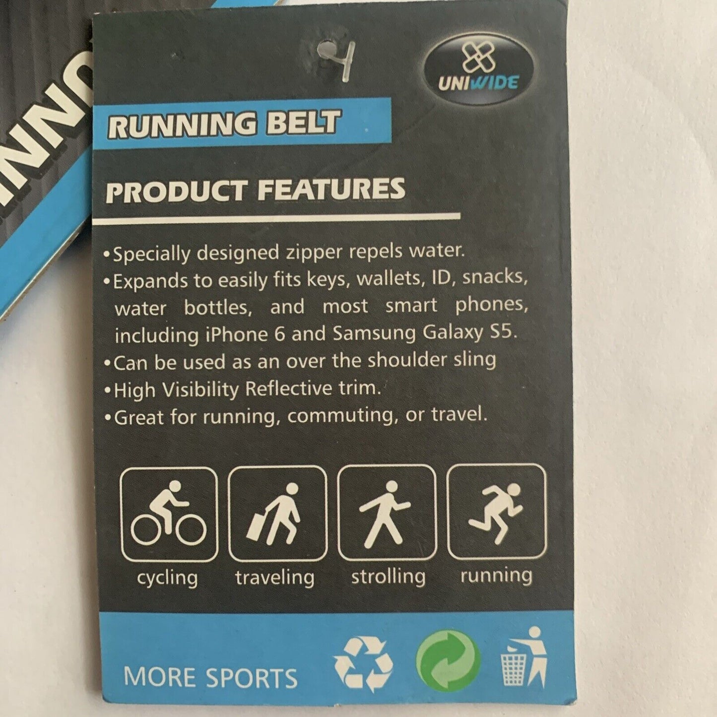 Uniwide RUNNING BELT Black Blue Reflective Stretch Belt Bag 2 Pouch Water Resist
