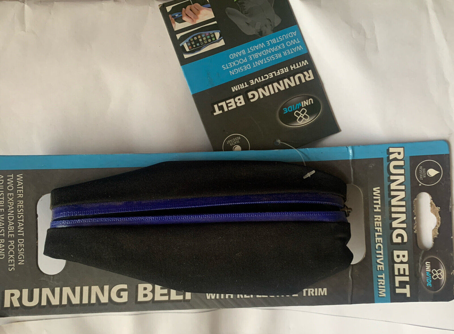 Uniwide RUNNING BELT Black Blue Reflective Stretch Belt Bag 2 Pouch Water Resist