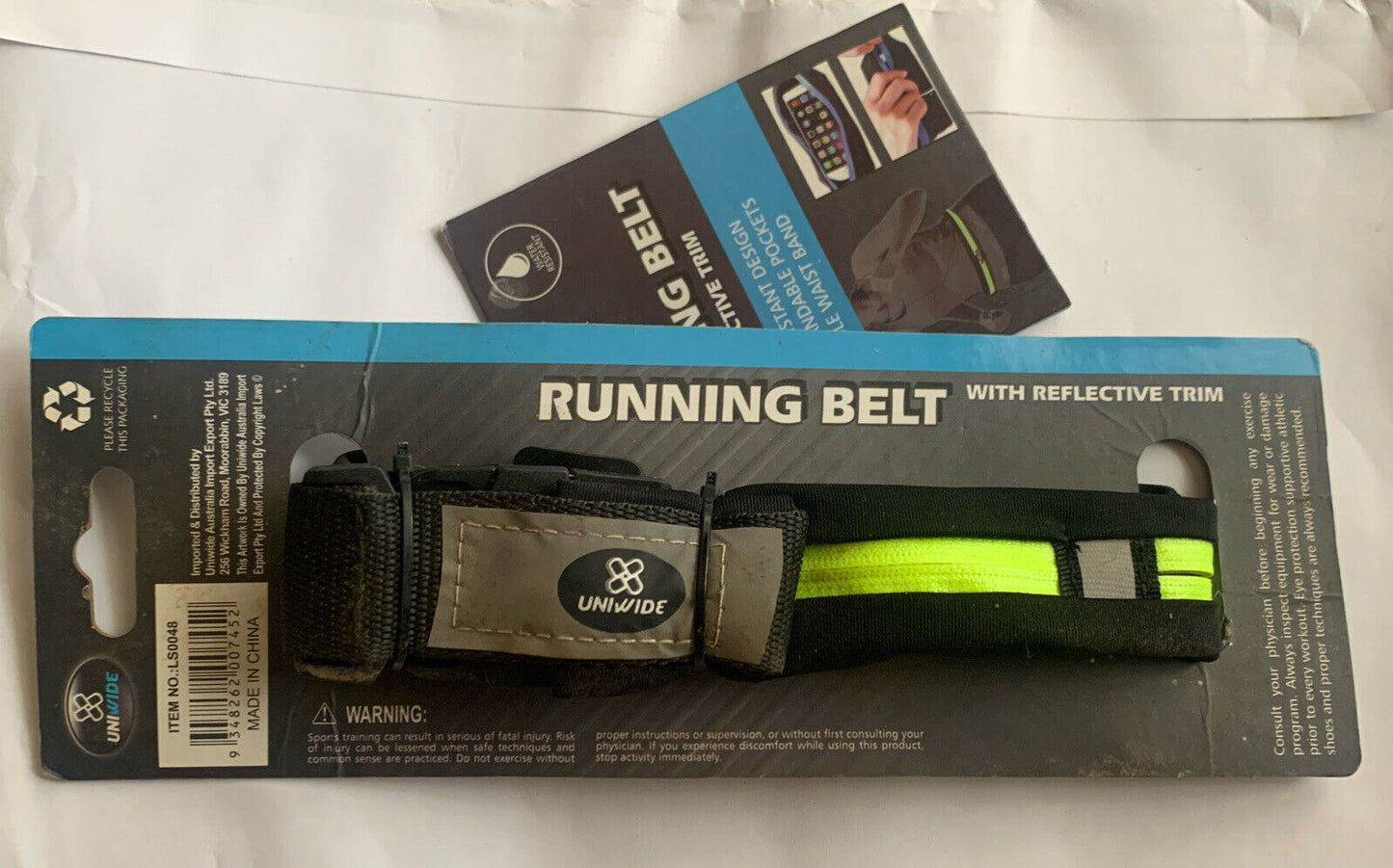 Uniwide RUNNING BELT Black Blue Reflective Stretch Belt Bag 2 Pouch Water Resist