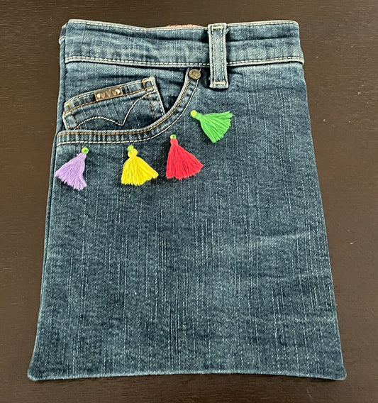 Girls Blue DENIM PURSE Jeans Pouch W Tassel Trim Pocket 18.5cm W x 25cm H Cute