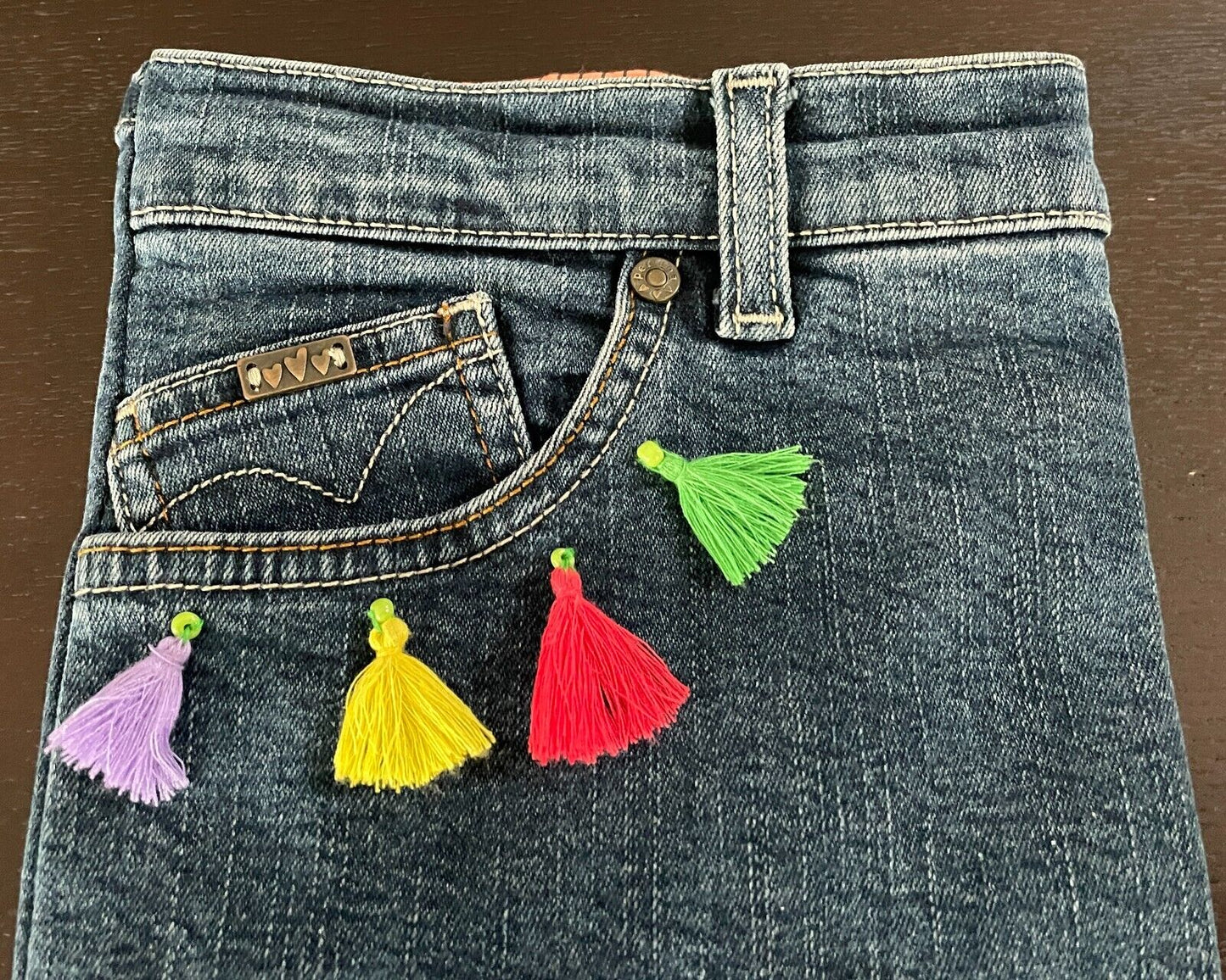 Girls Blue DENIM PURSE Jeans Pouch W Tassel Trim Pocket 18.5cm W x 25cm H Cute