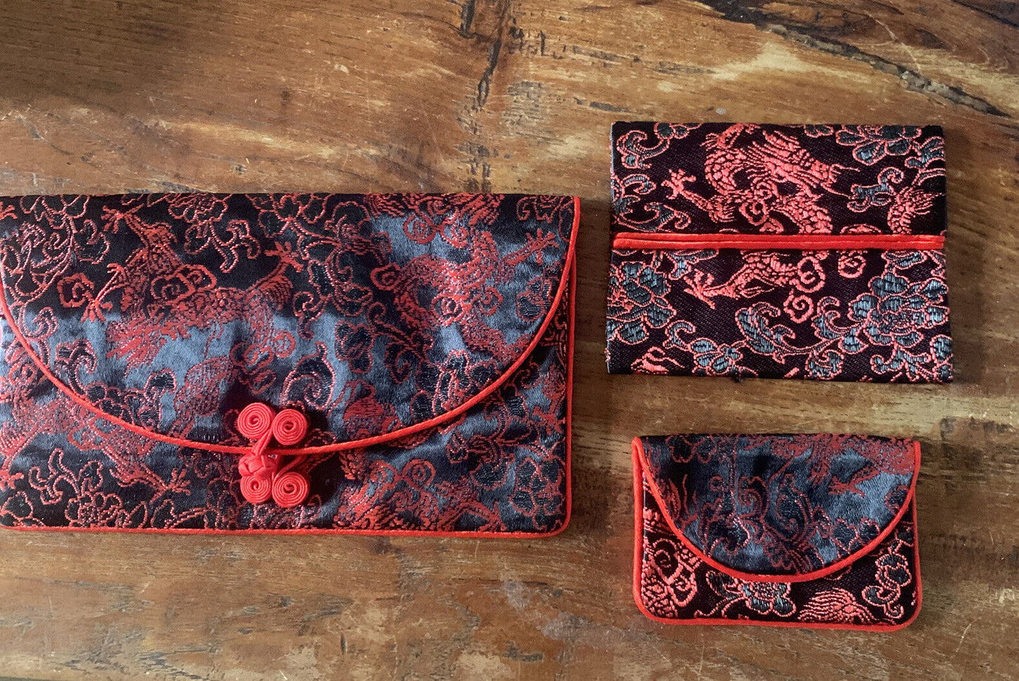 Silky Brocade FLAT WALLET Purse Tissue Bag Black w Red Trim Knot Vintage