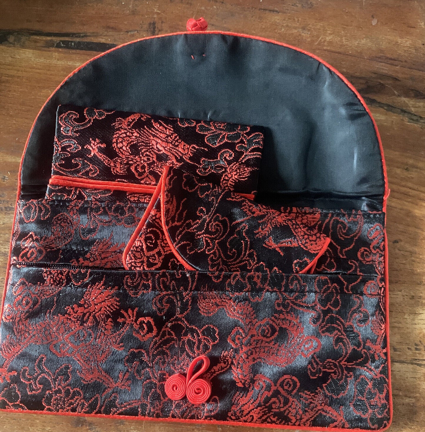 Silky Brocade FLAT WALLET Purse Tissue Bag Black w Red Trim Knot Vintage