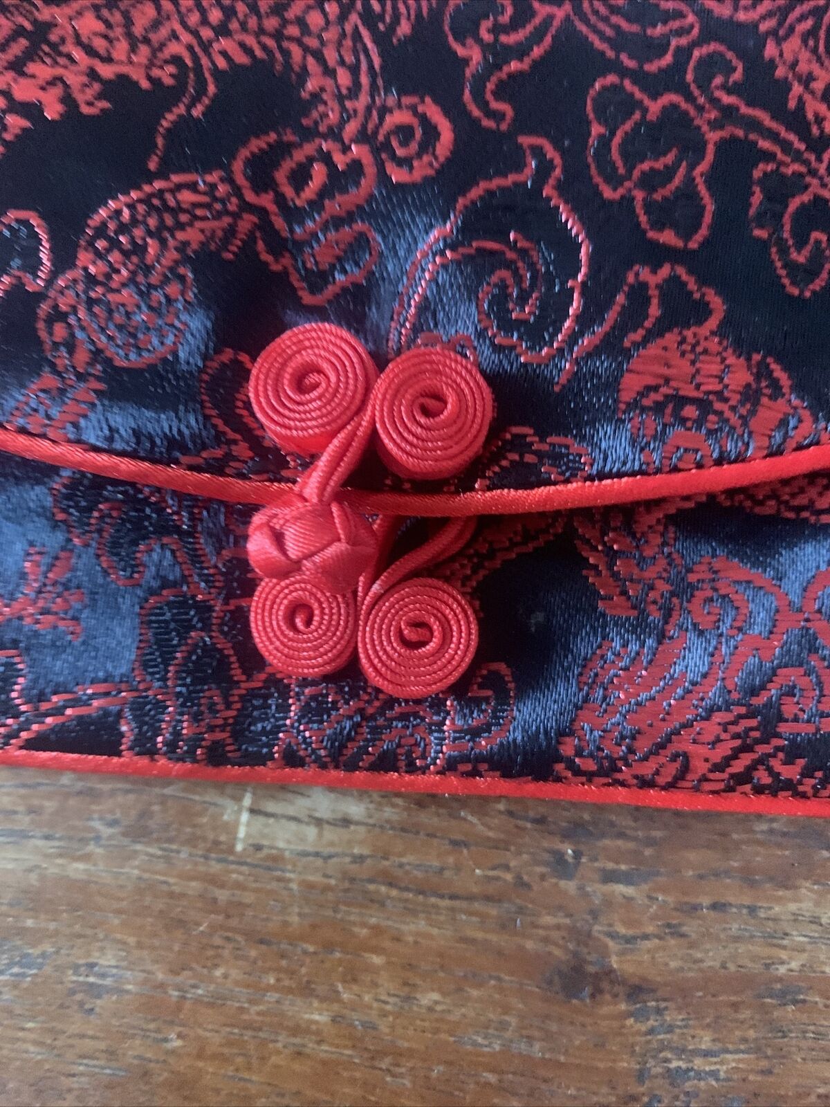 Silky Brocade FLAT WALLET Purse Tissue Bag Black w Red Trim Knot Vintage