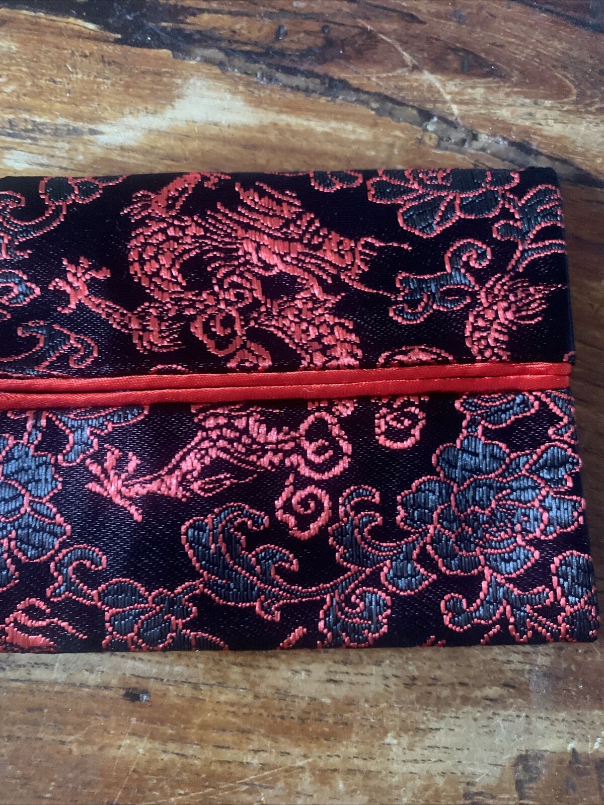 Silky Brocade FLAT WALLET Purse Tissue Bag Black w Red Trim Knot Vintage