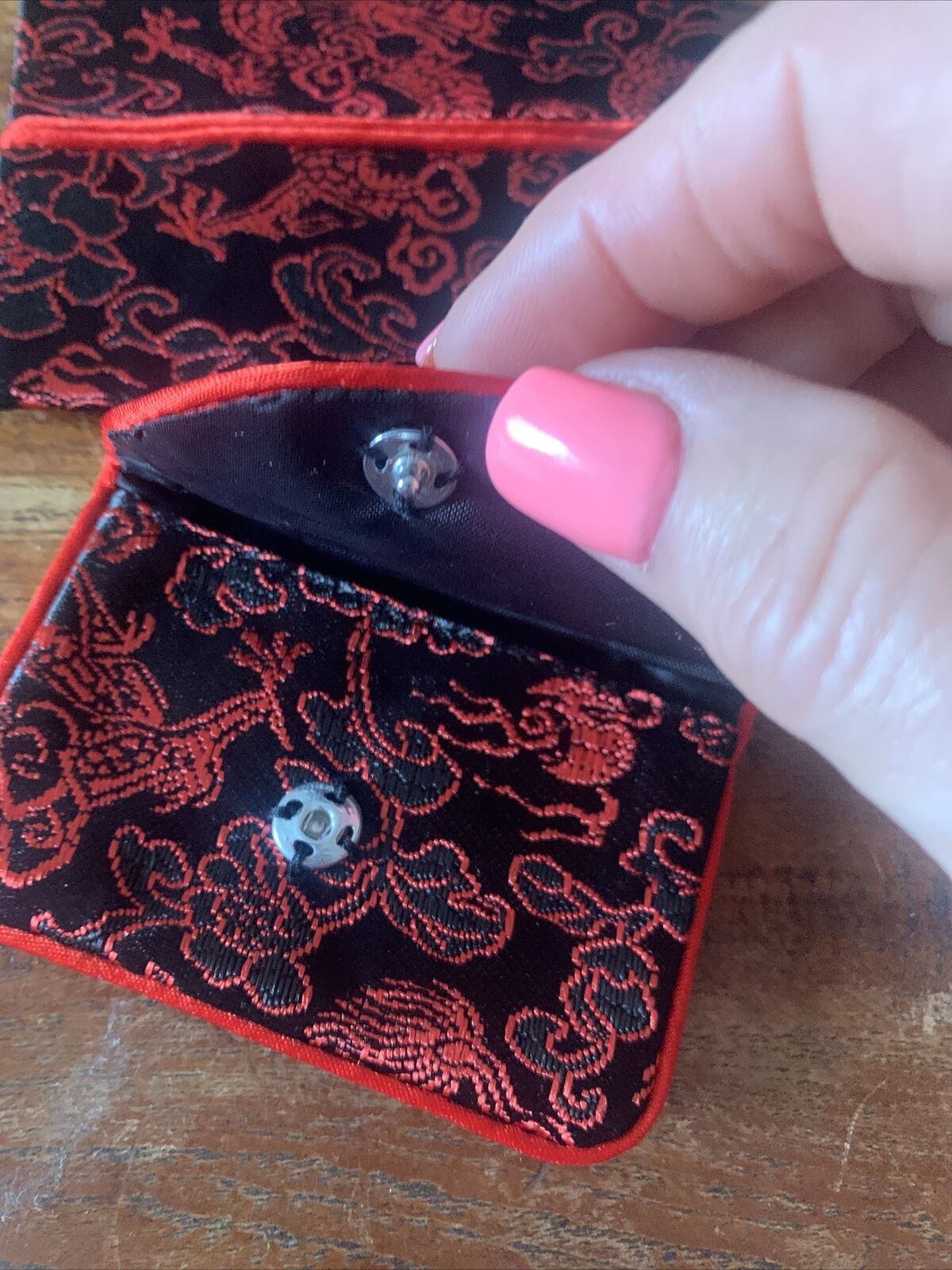 Silky Brocade FLAT WALLET Purse Tissue Bag Black w Red Trim Knot Vintage