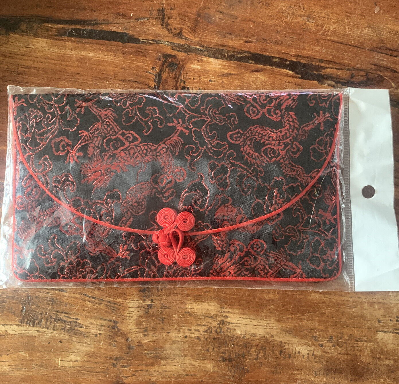 Silky Brocade FLAT WALLET Purse Tissue Bag Black w Red Trim Knot Vintage