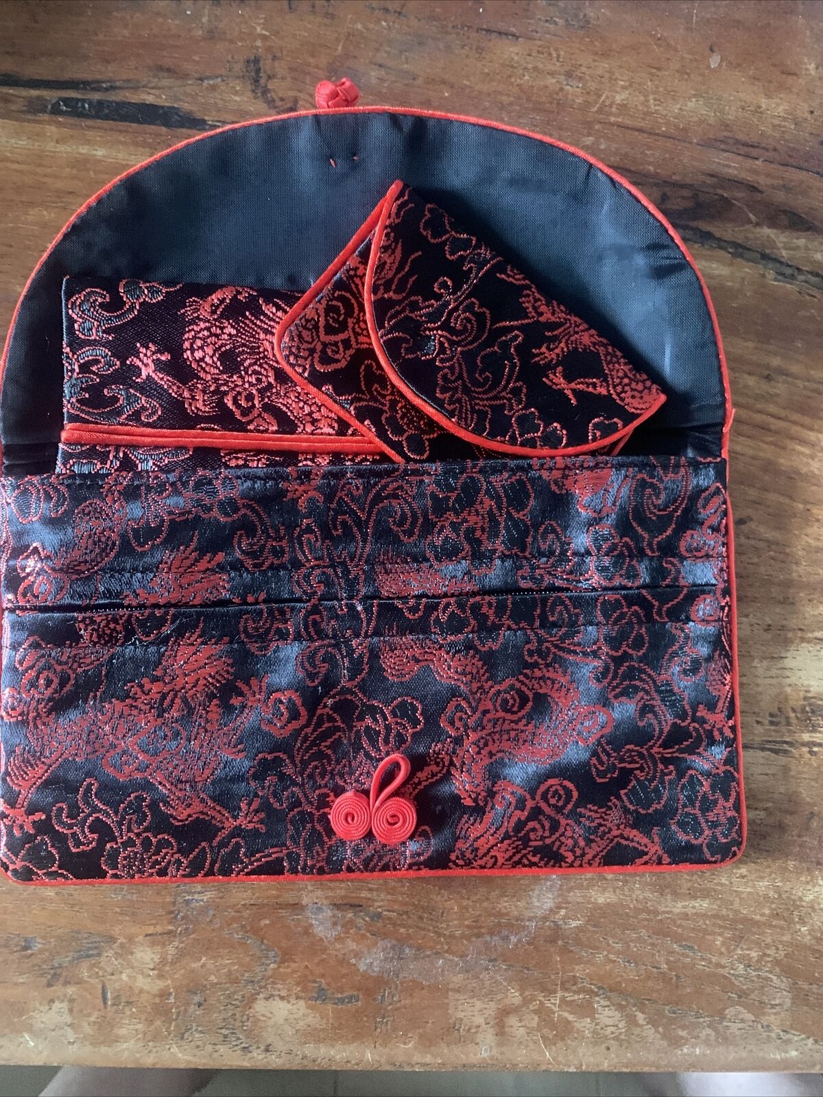 Silky Brocade FLAT WALLET Purse Tissue Bag Black w Red Trim Knot Vintage
