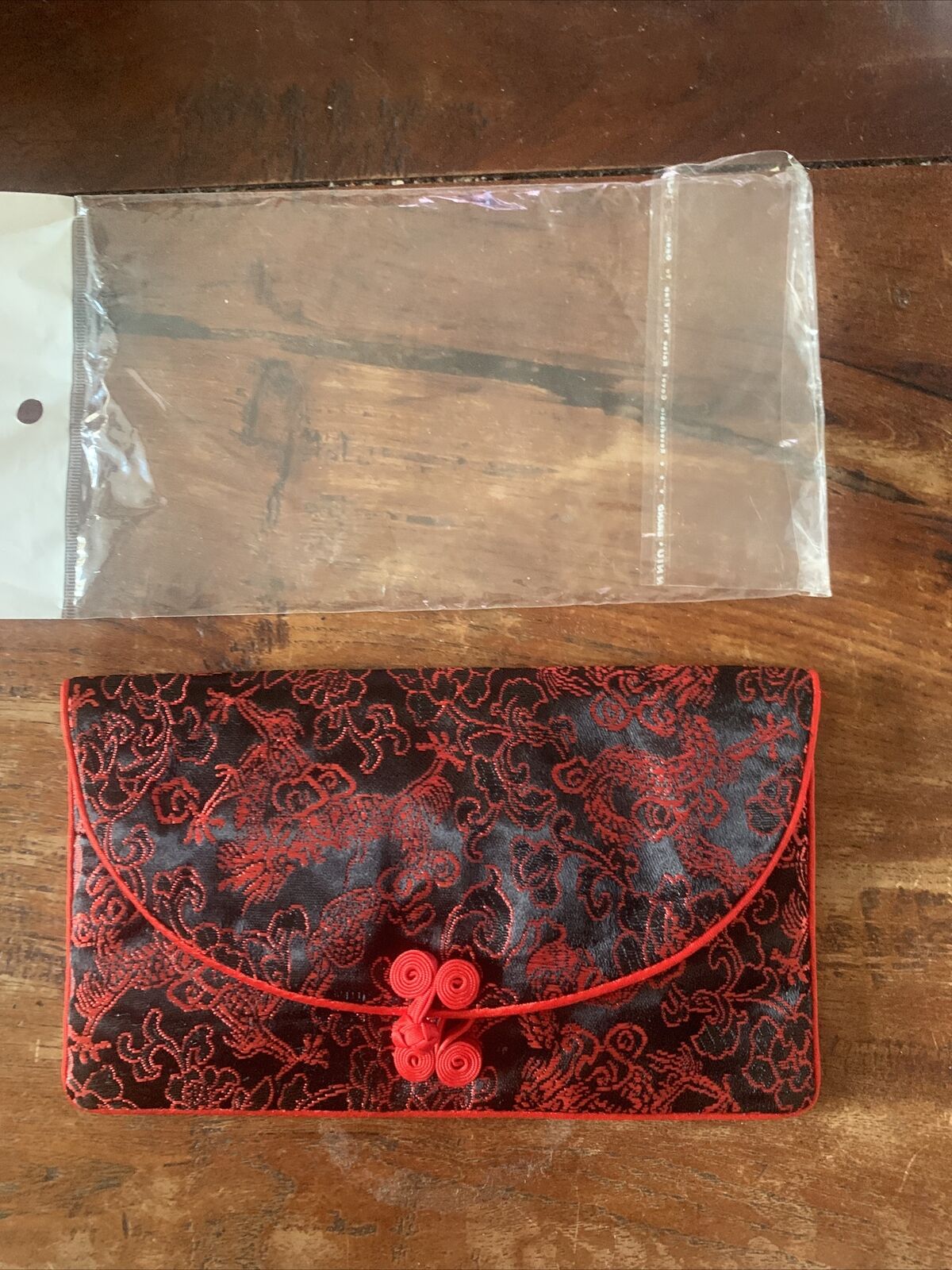 Silky Brocade FLAT WALLET Purse Tissue Bag Black w Red Trim Knot Vintage