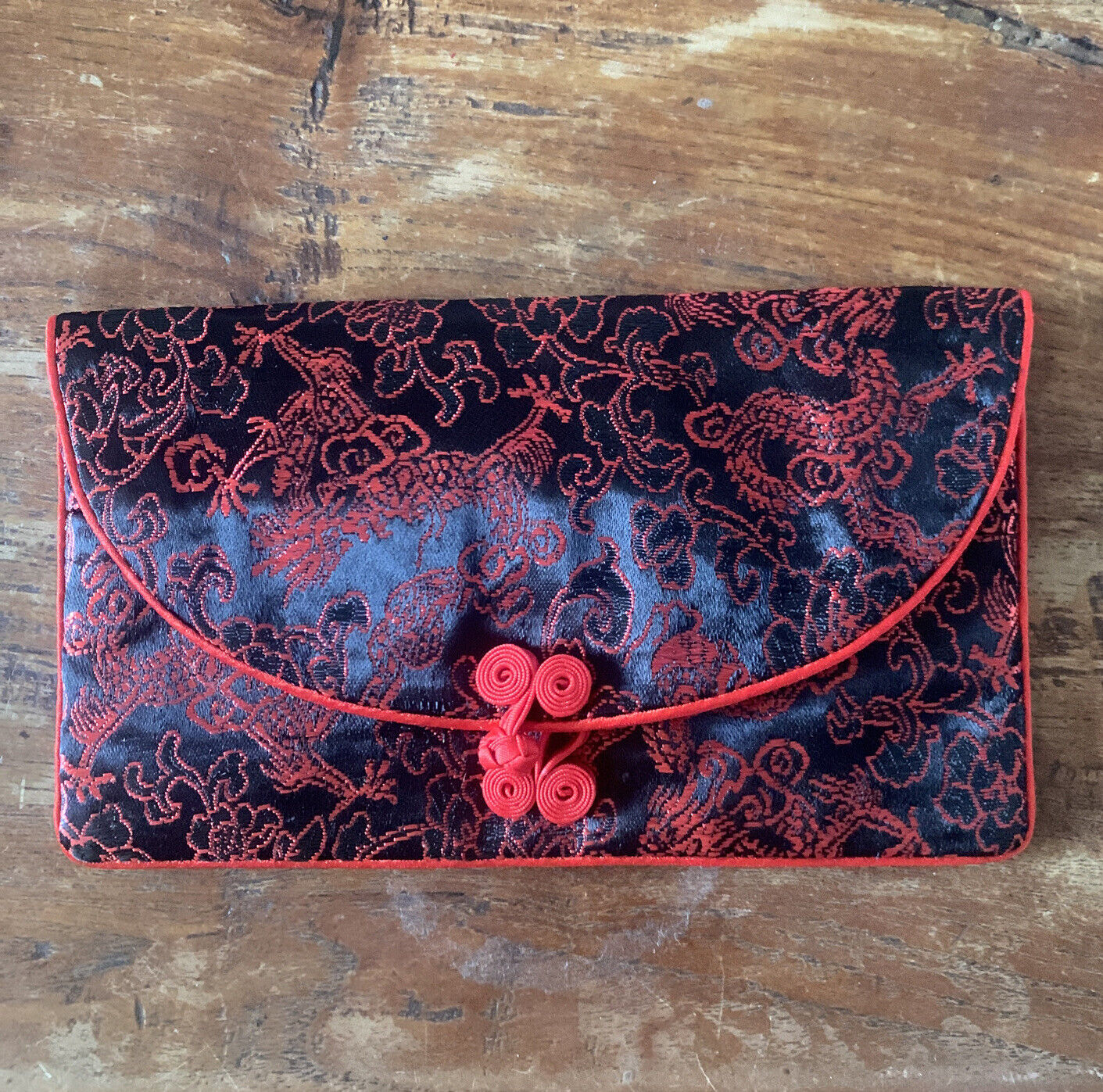 Silky Brocade FLAT WALLET Purse Tissue Bag Black w Red Trim Knot Vintage