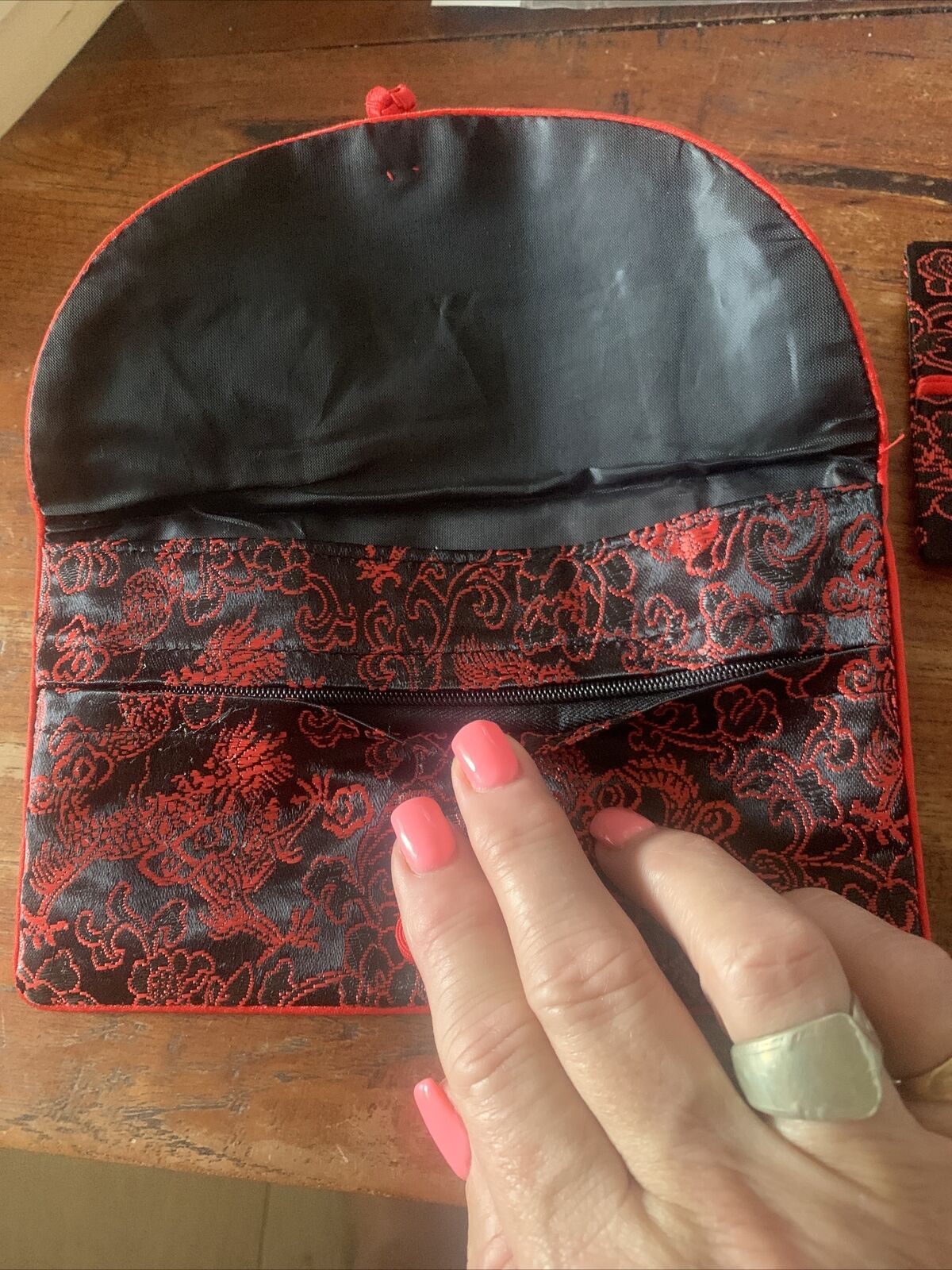 Silky Brocade FLAT WALLET Purse Tissue Bag Black w Red Trim Knot Vintage