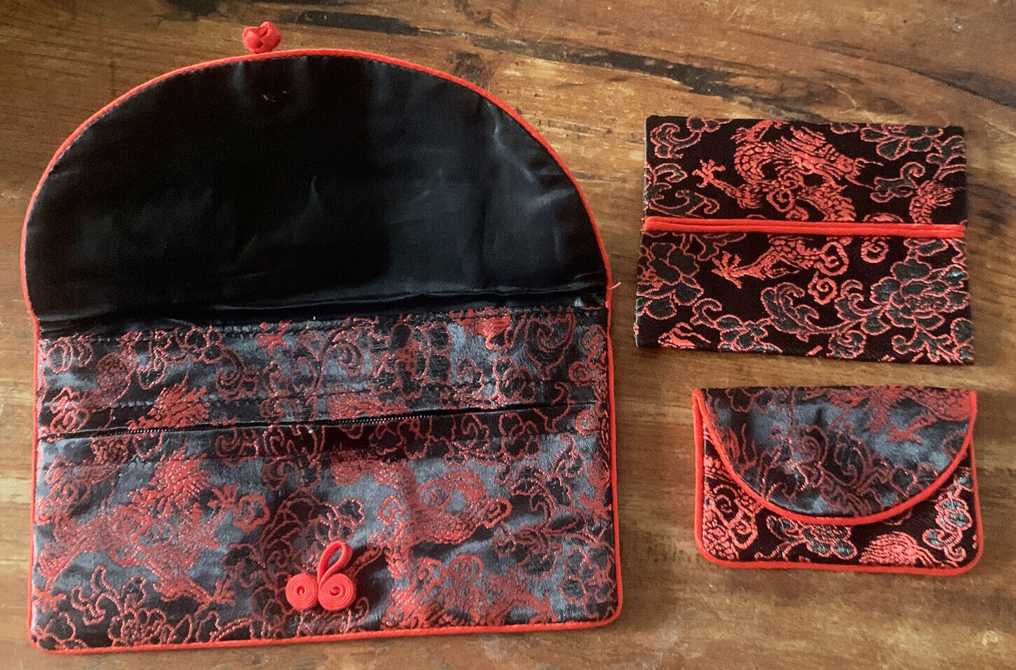 Silky Brocade FLAT WALLET Purse Tissue Bag Black w Red Trim Knot Vintage