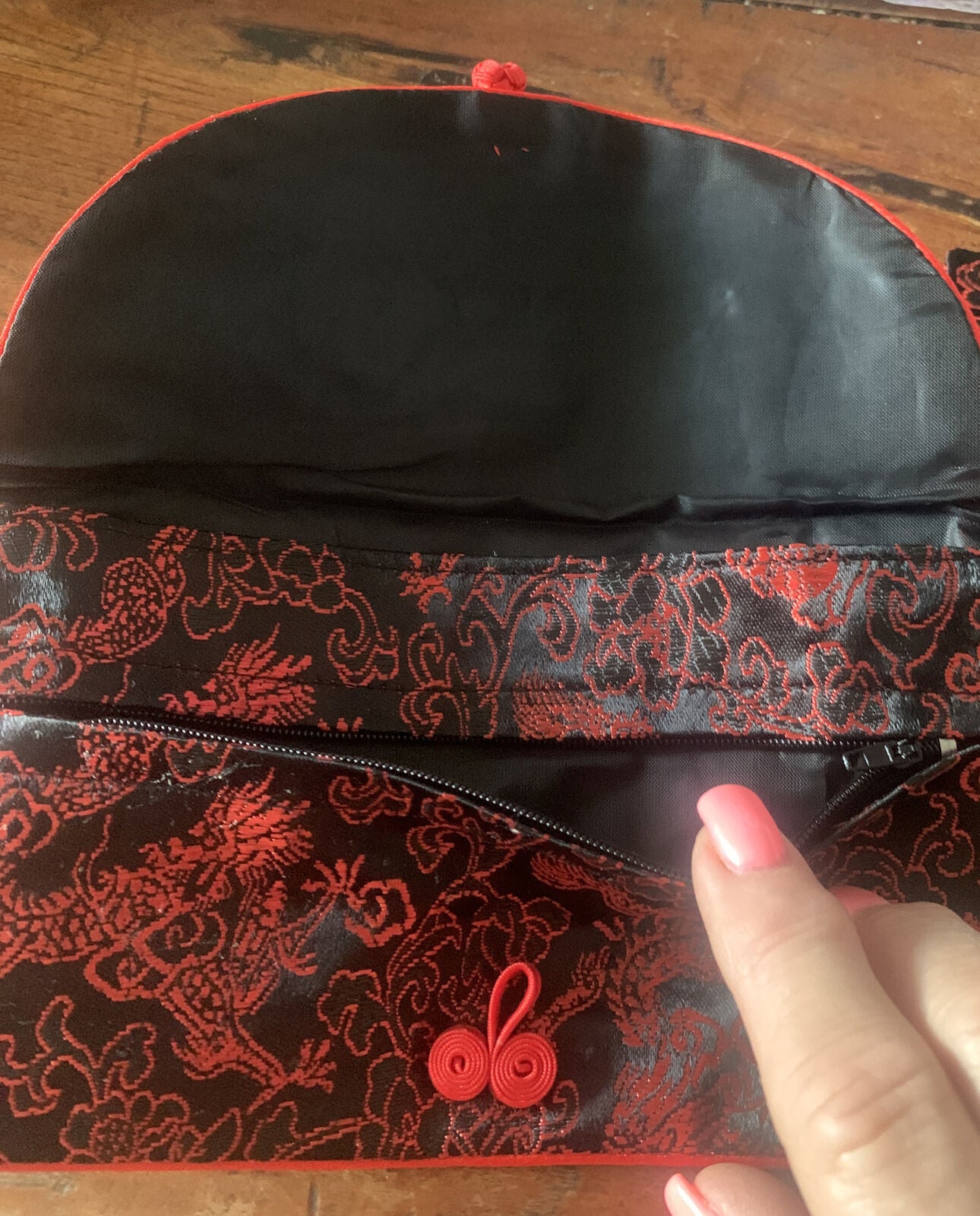 Silky Brocade FLAT WALLET Purse Tissue Bag Black w Red Trim Knot Vintage