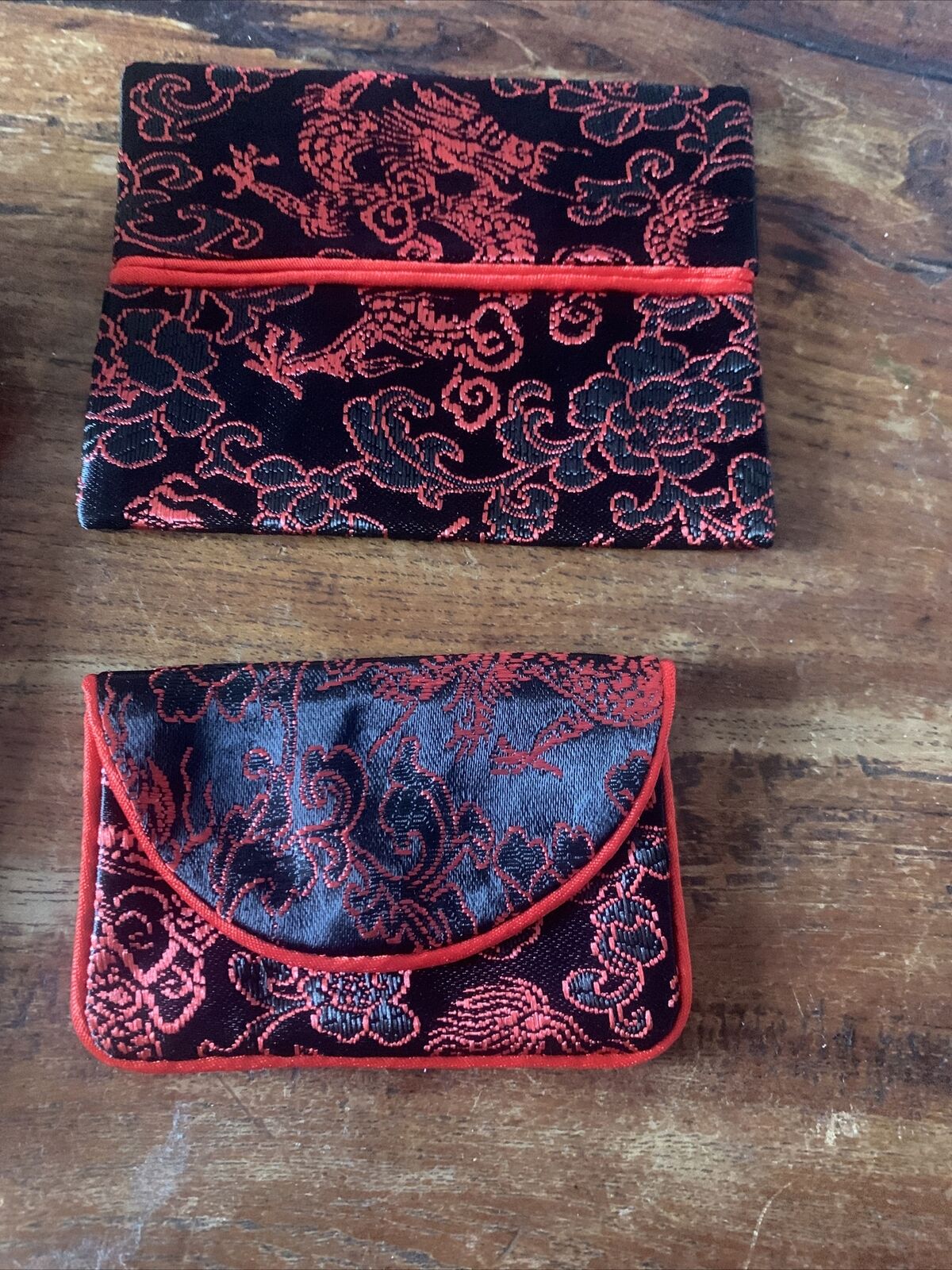 Silky Brocade FLAT WALLET Purse Tissue Bag Black w Red Trim Knot Vintage