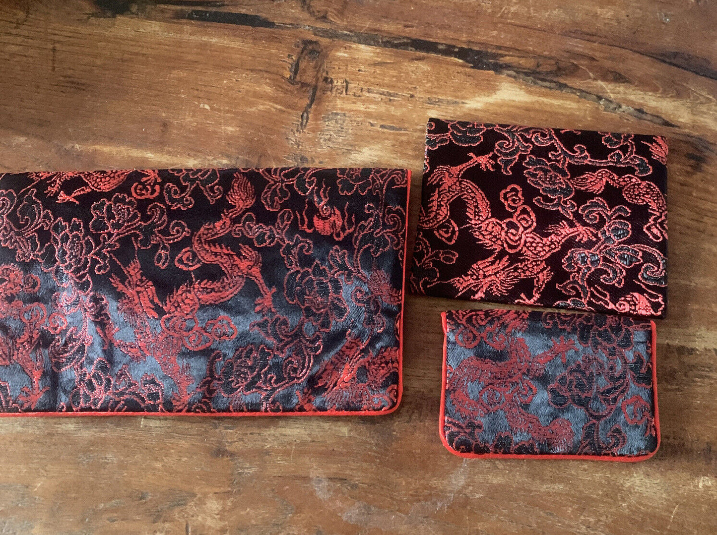 Silky Brocade FLAT WALLET Purse Tissue Bag Black w Red Trim Knot Vintage