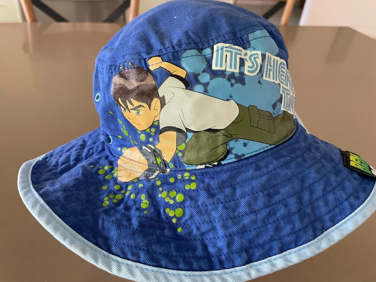 Unisex Kids BEN 10 Bucket Hat Blue & Multicolour Print Drawstring Size 7 - 10