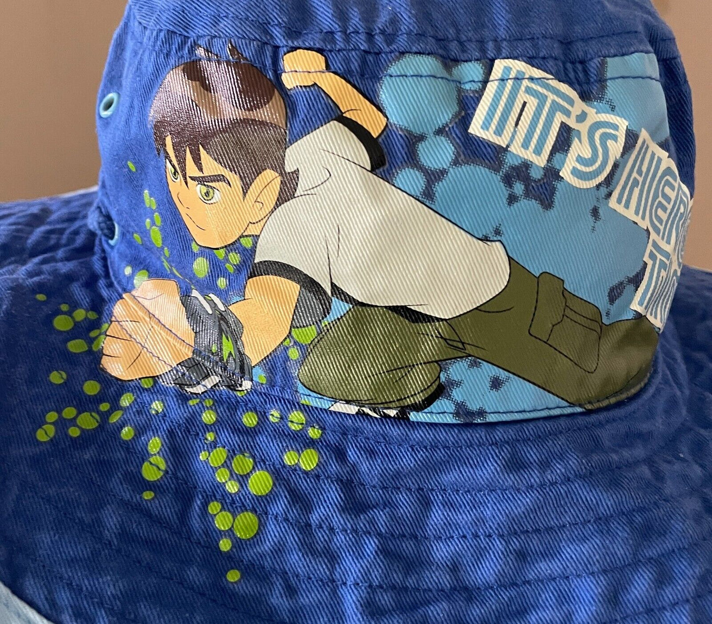 Unisex Kids BEN 10 Bucket Hat Blue & Multicolour Print Drawstring Size 7 - 10