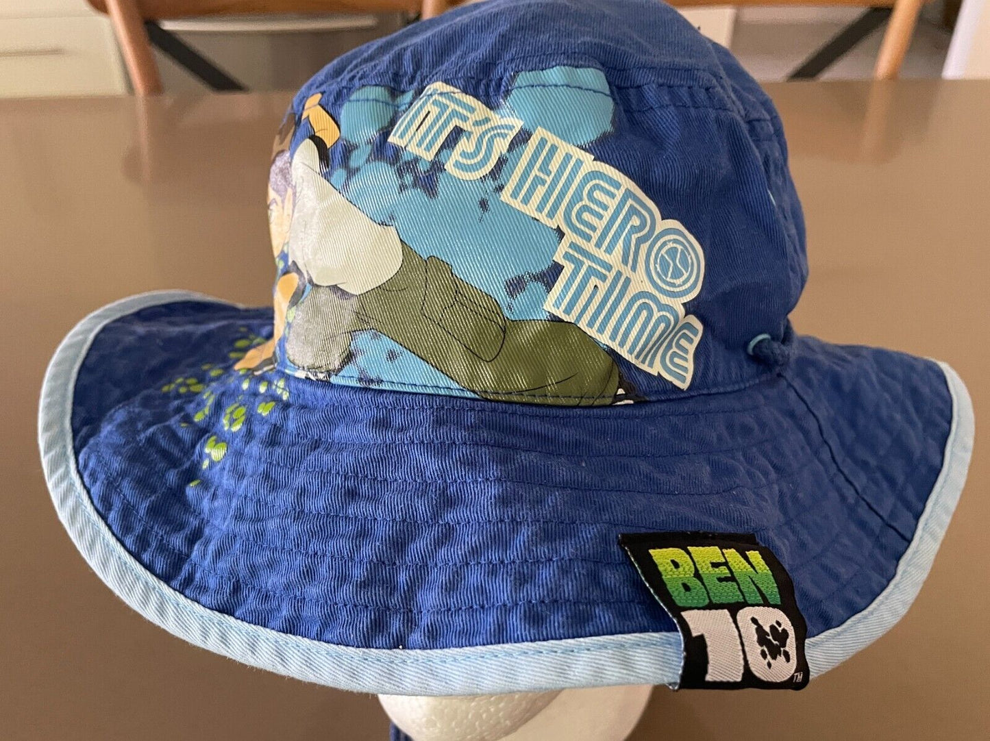 Unisex Kids BEN 10 Bucket Hat Blue & Multicolour Print Drawstring Size 7 - 10