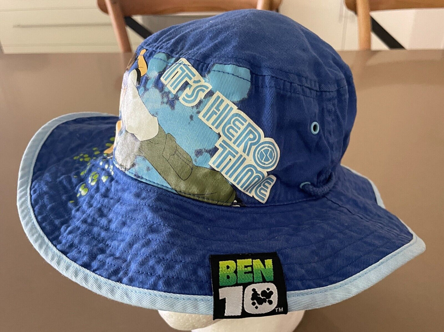 Unisex Kids BEN 10 Bucket Hat Blue & Multicolour Print Drawstring Size 7 - 10