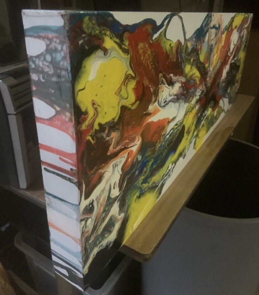 Original Painting Art ABSTRACT SWIRLS Timber Frame Box Oil On Water Decor