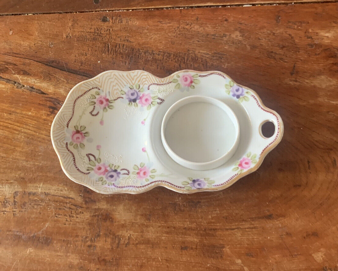 Vintage CANDLE HOLDER Ceramic Floral Gilded  6.5cm Pillar Side Plate w Handle