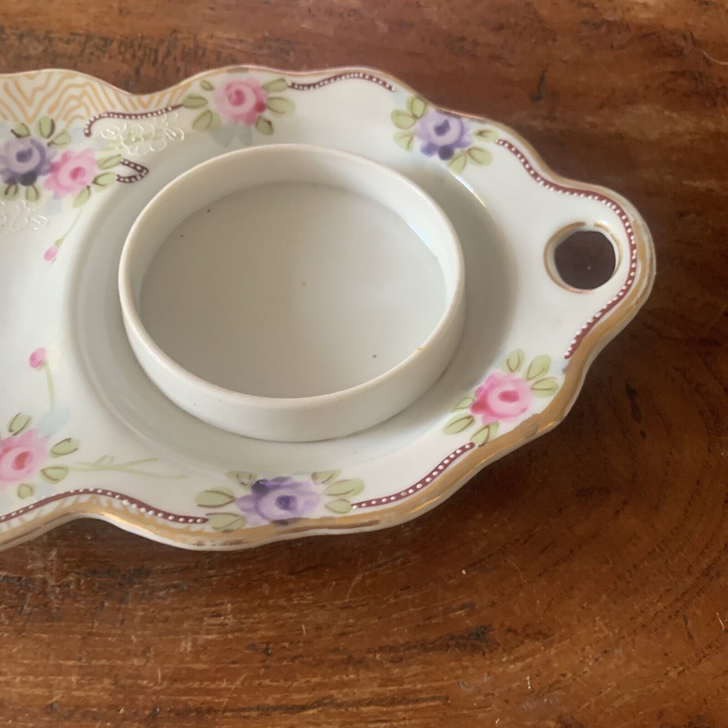 Vintage CANDLE HOLDER Ceramic Floral Gilded  6.5cm Pillar Side Plate w Handle