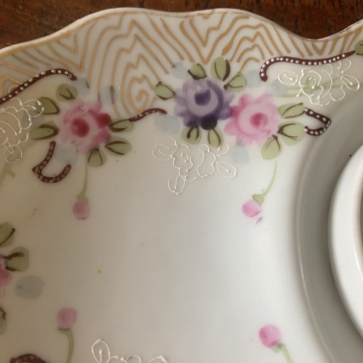 Vintage CANDLE HOLDER Ceramic Floral Gilded  6.5cm Pillar Side Plate w Handle
