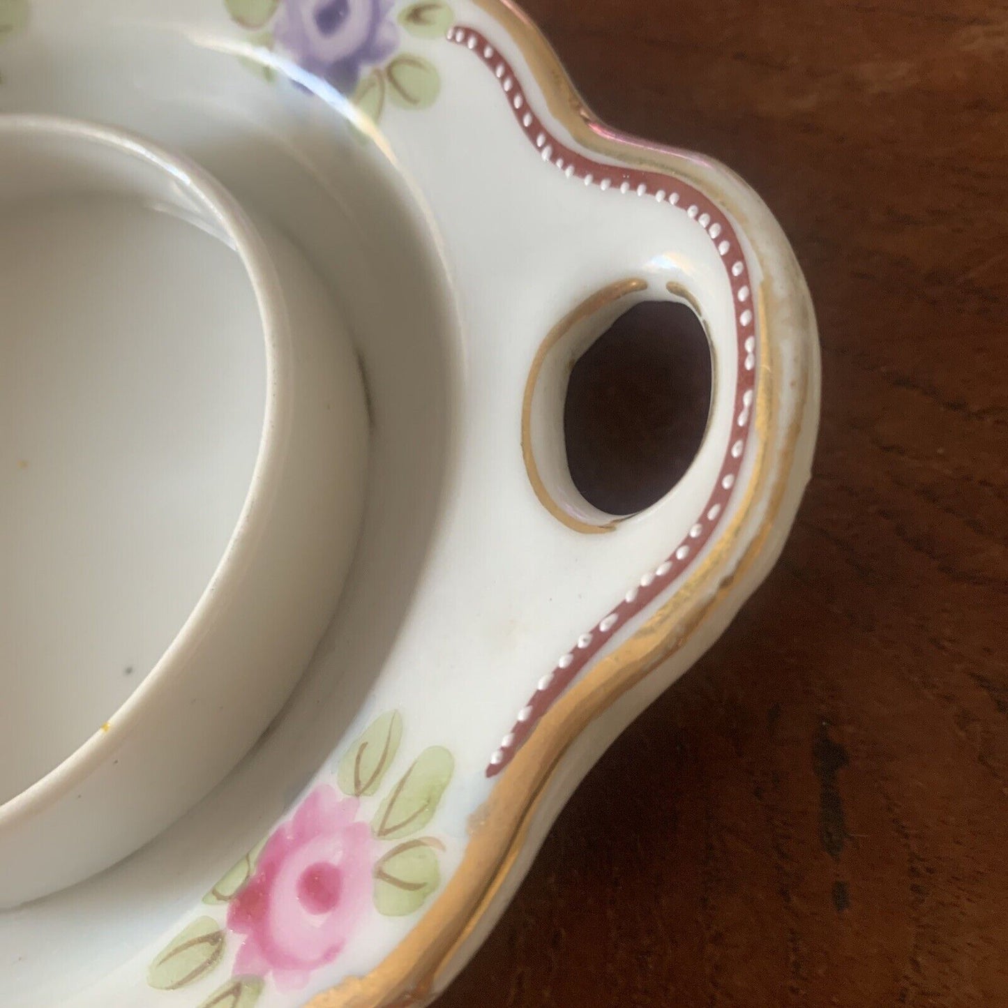 Vintage CANDLE HOLDER Ceramic Floral Gilded  6.5cm Pillar Side Plate w Handle