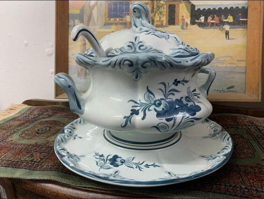 Large Vintage Soup Tureen BLUE WHITE Hand Painted Ceramic Ladle Platter Portugal