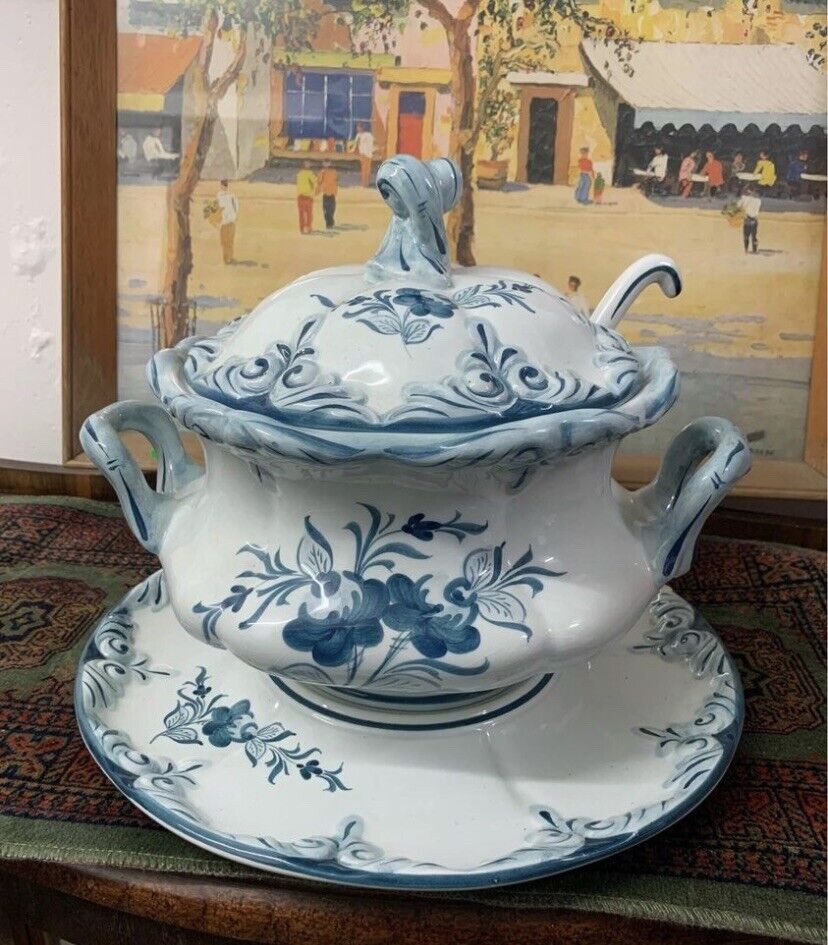 Large Vintage Soup Tureen BLUE WHITE Hand Painted Ceramic Ladle Platter Portugal