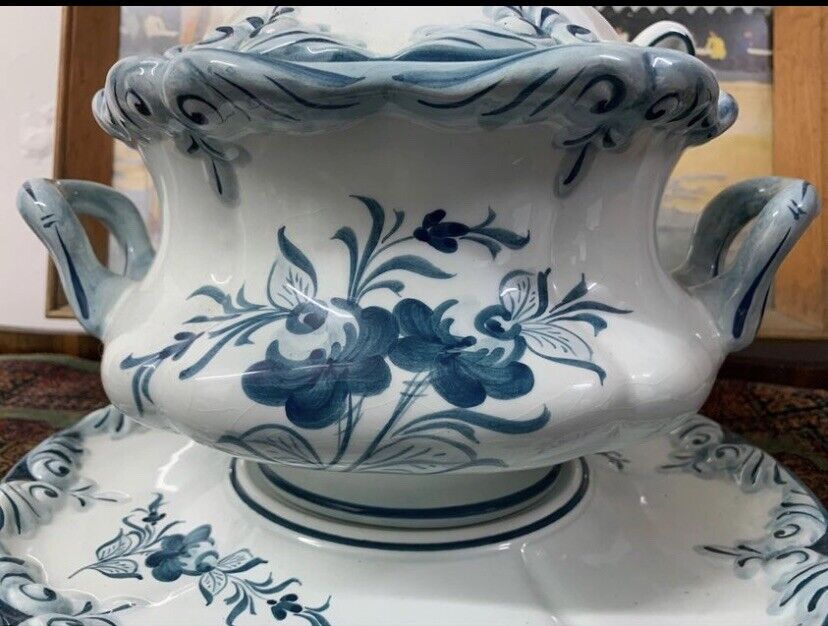 Large Vintage Soup Tureen BLUE WHITE Hand Painted Ceramic Ladle Platter Portugal