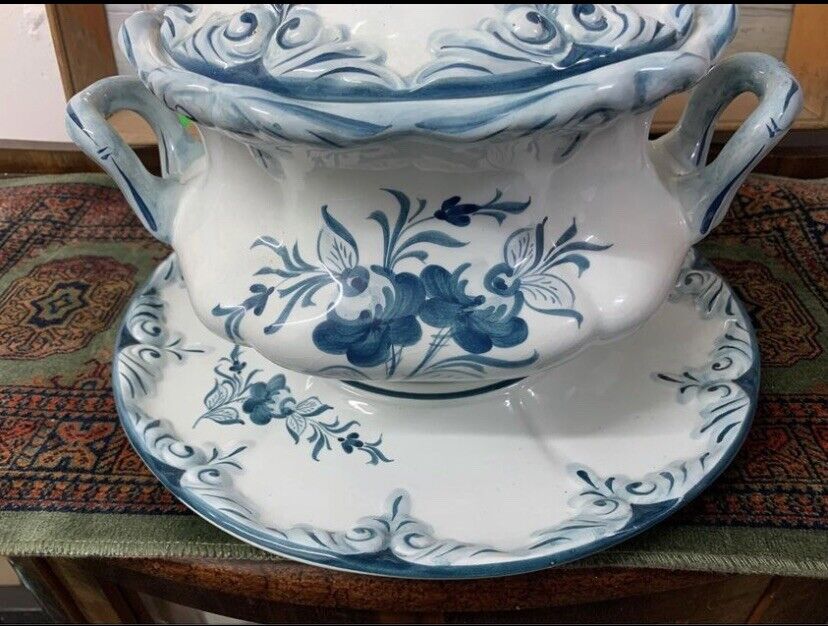 Large Vintage Soup Tureen BLUE WHITE Hand Painted Ceramic Ladle Platter Portugal