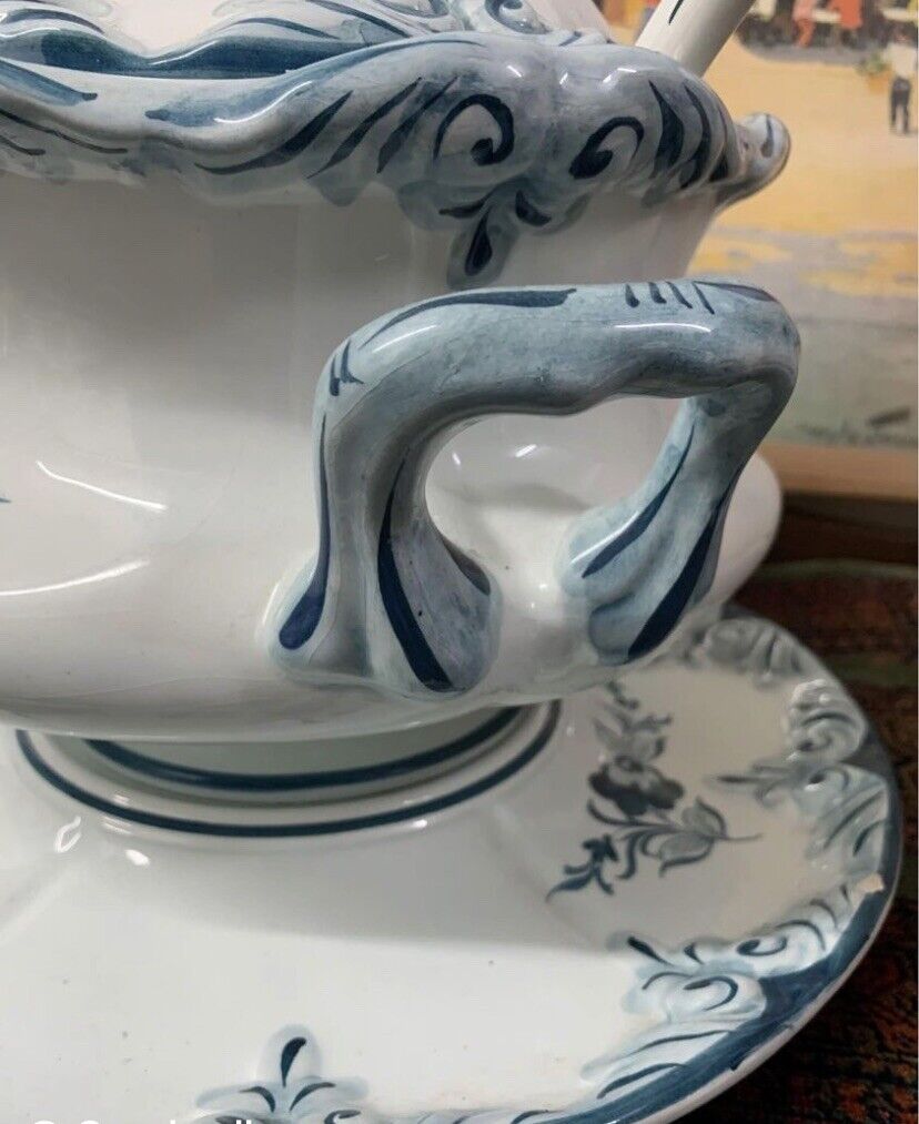 Large Vintage Soup Tureen BLUE WHITE Hand Painted Ceramic Ladle Platter Portugal