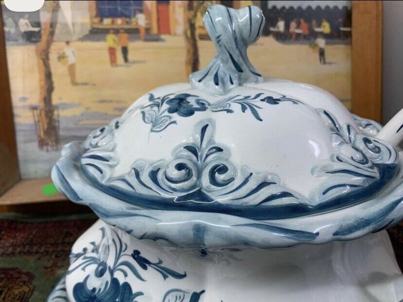 Large Vintage Soup Tureen BLUE WHITE Hand Painted Ceramic Ladle Platter Portugal