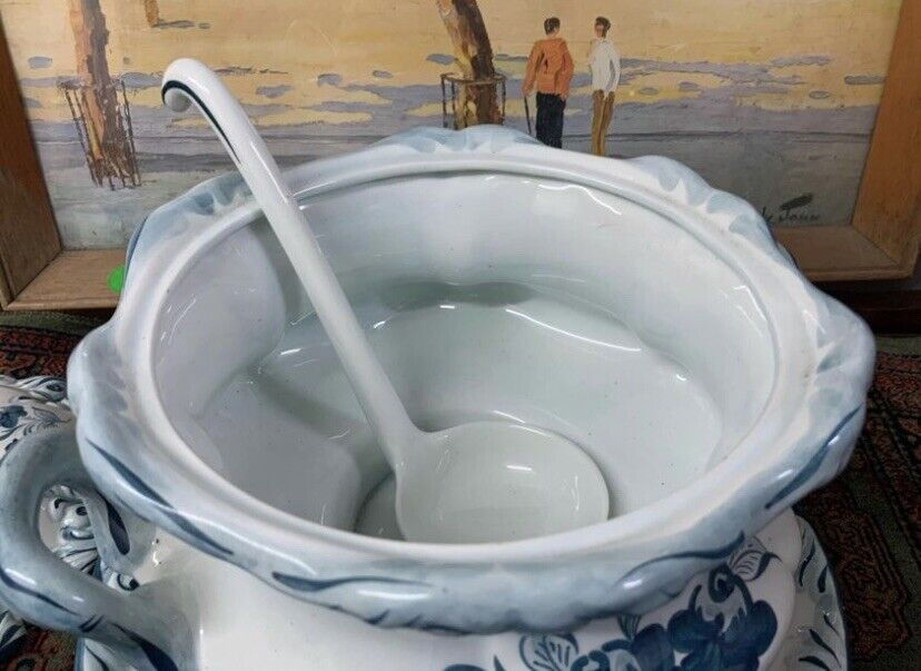 Large Vintage Soup Tureen BLUE WHITE Hand Painted Ceramic Ladle Platter Portugal