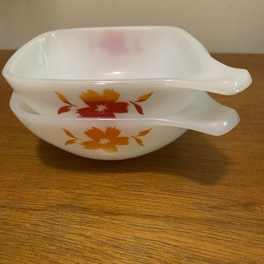 New CROWN CORNING 2x Bowls Ramekins Opal Milk Glass Orange Flower & Leaf Pattern