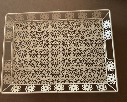 New SERVING TRAY ALSAIF CENTRE 49cm Off White Metal Laser Cut Rectangle Handles
