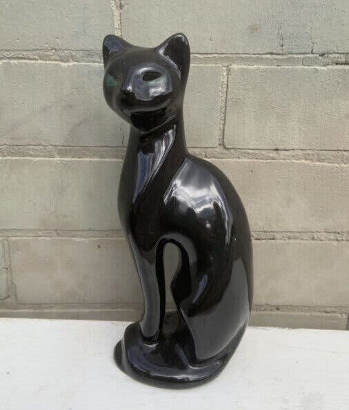 BLACK FELINE CAT Ceramic Figurine 1960's 29cm Green Eyes Glazed Glossy Felt Base