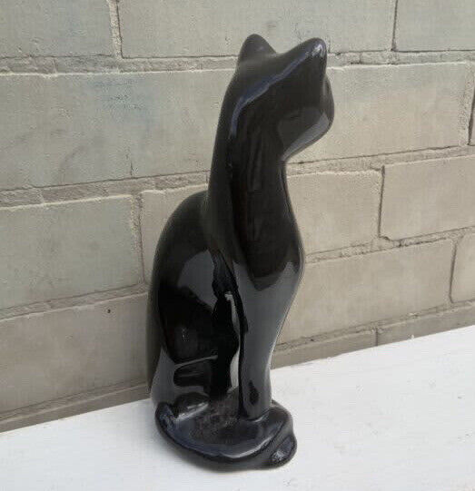 BLACK FELINE CAT Ceramic Figurine 1960's 29cm Green Eyes Glazed Glossy Felt Base