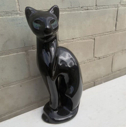 BLACK FELINE CAT Ceramic Figurine 1960's 29cm Green Eyes Glazed Glossy Felt Base