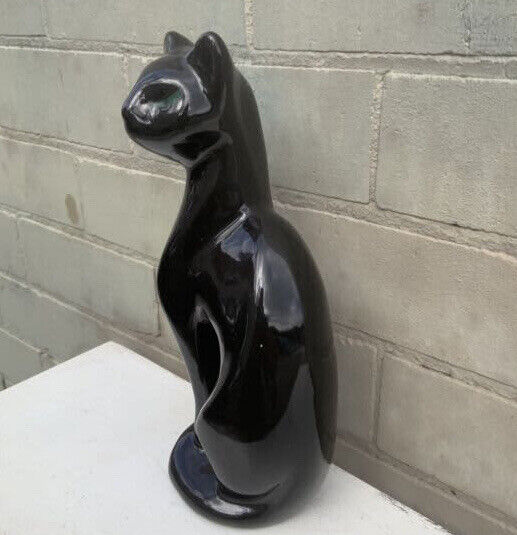BLACK FELINE CAT Ceramic Figurine 1960's 29cm Green Eyes Glazed Glossy Felt Base