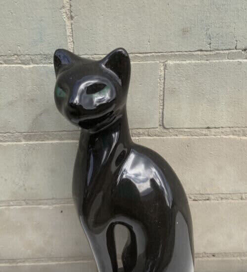 BLACK FELINE CAT Ceramic Figurine 1960's 29cm Green Eyes Glazed Glossy Felt Base