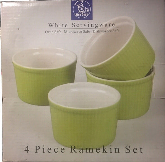 Nice Cook RAMEKIN SET 4 Piece Lime  Green & White Servingware Souffle Boxed NEW