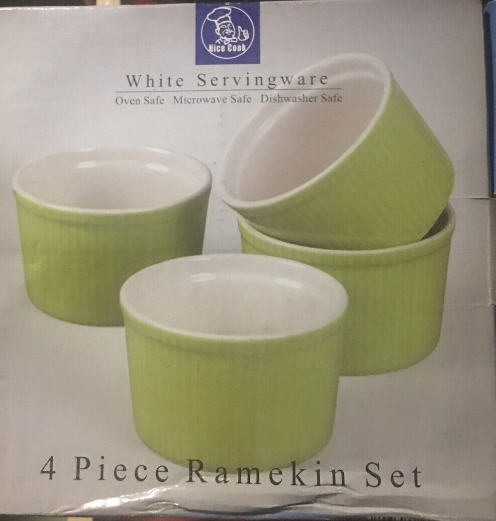 Nice Cook RAMEKIN SET 4 Piece Lime  Green & White Servingware Souffle Boxed NEW
