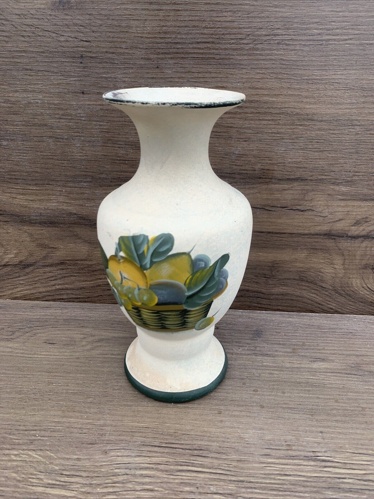 Vintage 20cm POTTERY VASE Handpainted Italian Urn Patina Fruit Basket Green