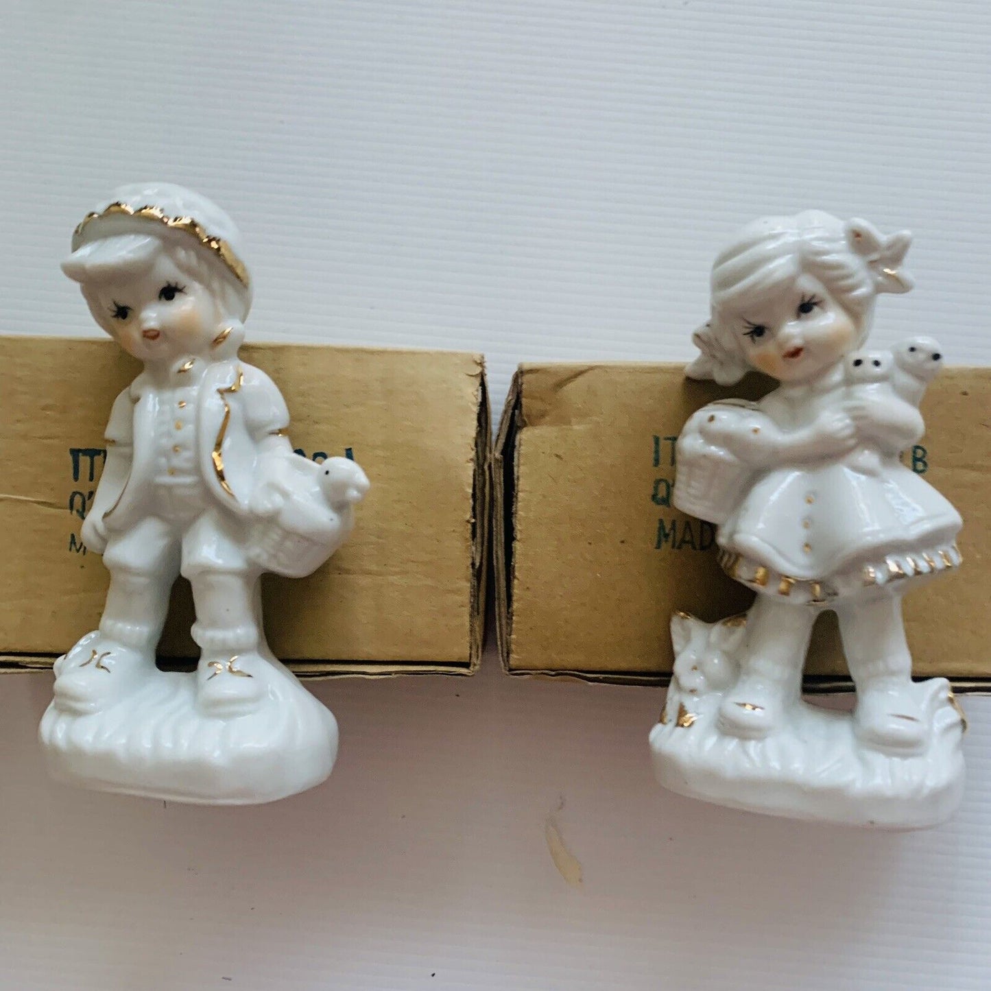New FIGURINES 1960s JACK and JILL Pair Ceramic White w Gold Trim Bomboniere