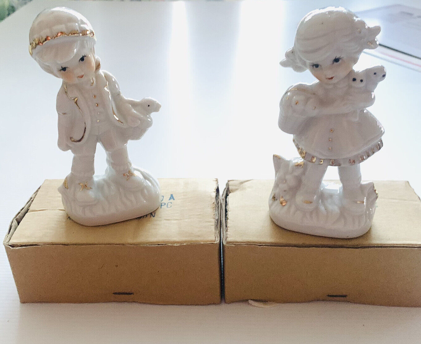 New FIGURINES 1960s JACK and JILL Pair Ceramic White w Gold Trim Bomboniere