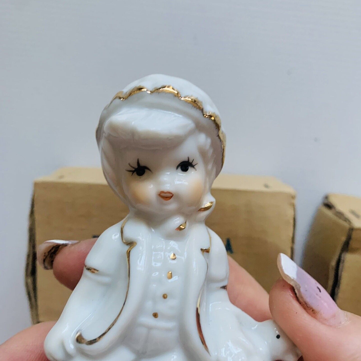 New FIGURINES 1960s JACK and JILL Pair Ceramic White w Gold Trim Bomboniere