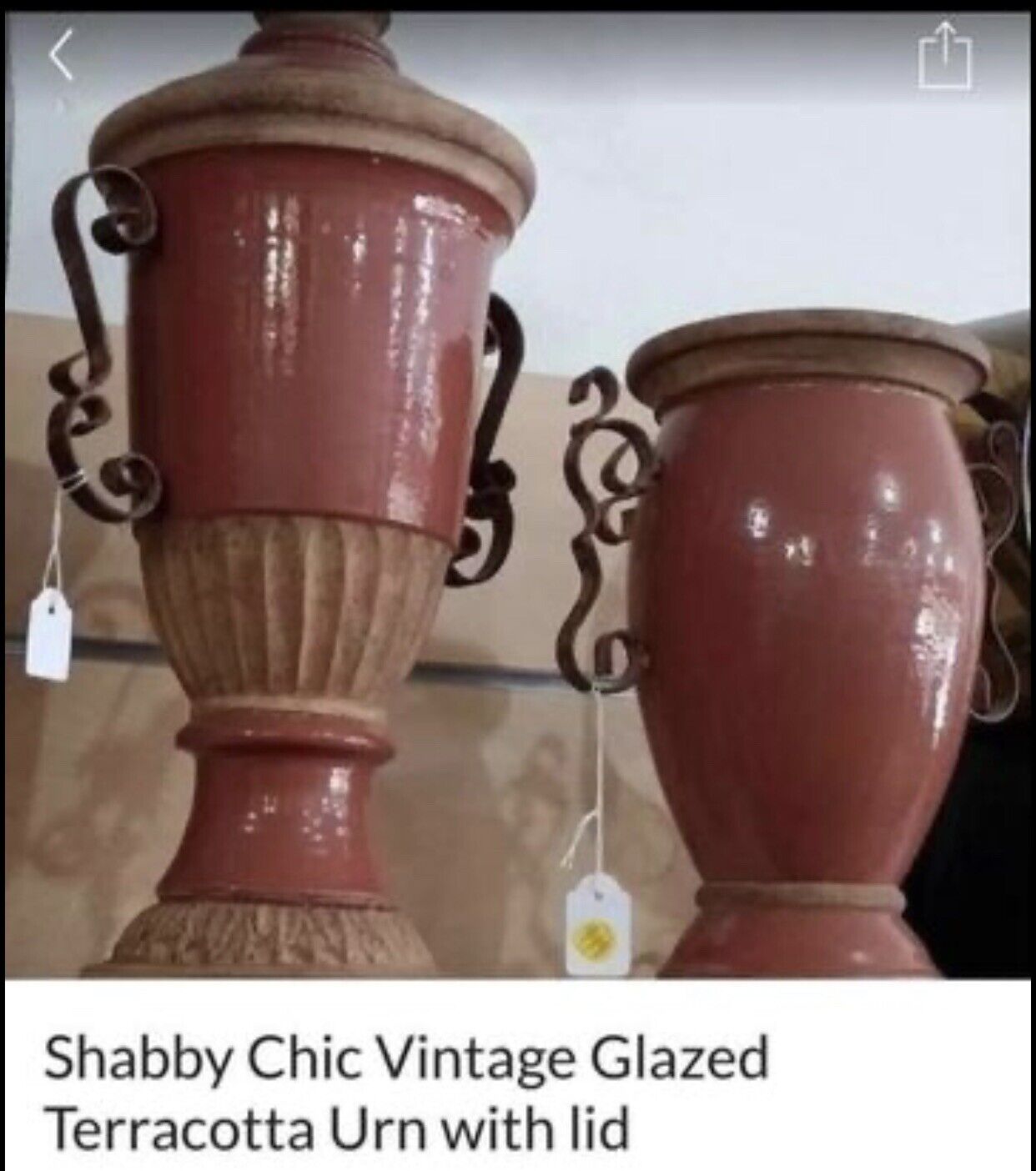 Vintage Set Glazed Terracotta Urn w Lid & Vase Matching