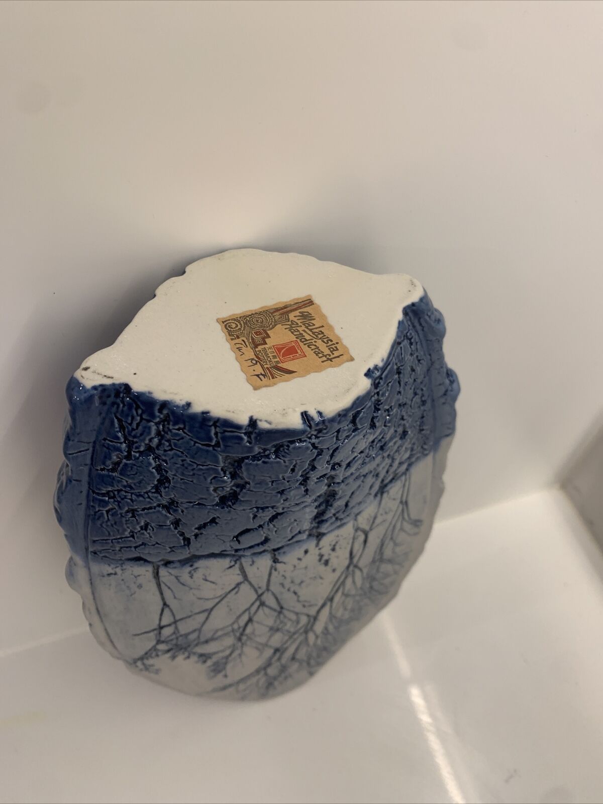 Vintage TENMOKU 30cm Malaysia Handcraft Pottery Stoneware Ceramics BLUE WHITE